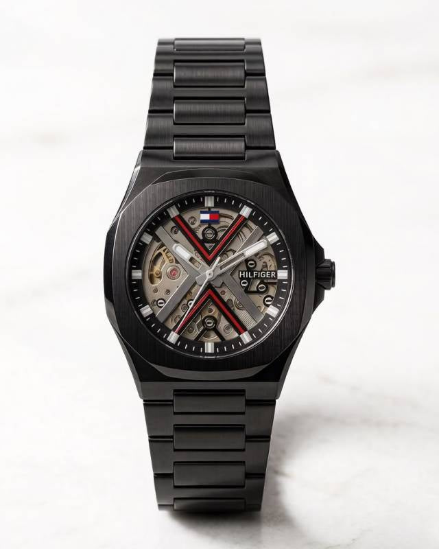 Tommmy Hilfige_r Skeleton Automatic Full Black-Red