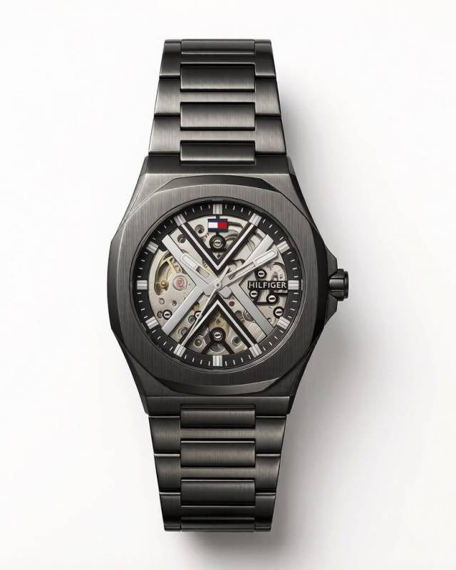 Tommmy Hilfige_r Skeleton Automatic Black-Silver
