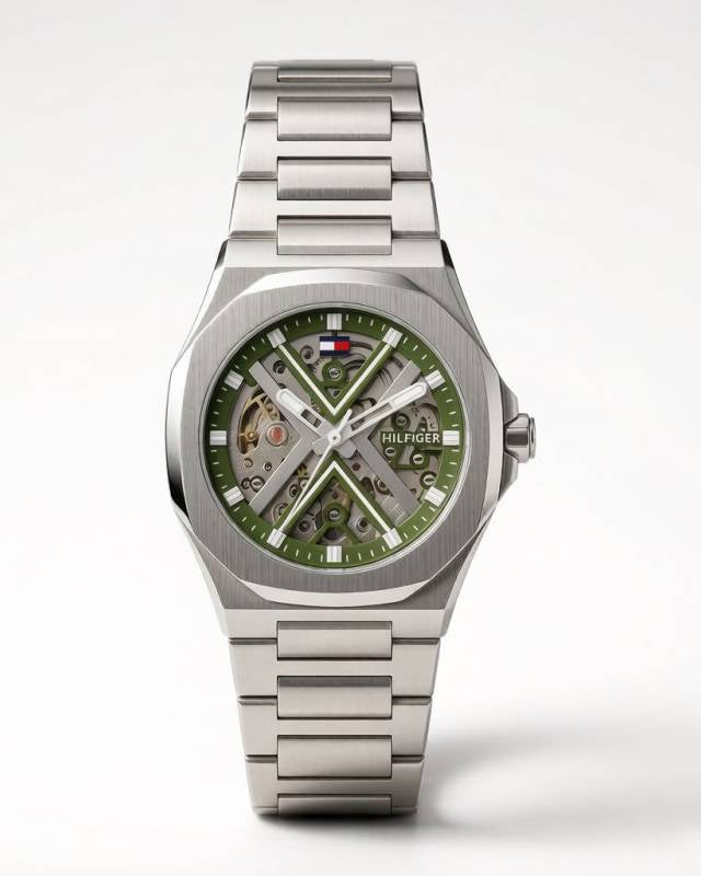 Tommmy Hilfige_r Skeleton Automatic Silver-Green