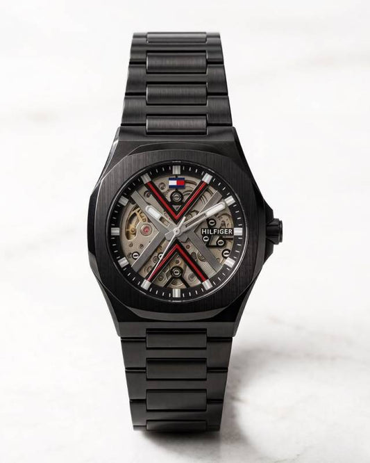 Tommmy Hilfige_r Skeleton Automatic Full Black-Red