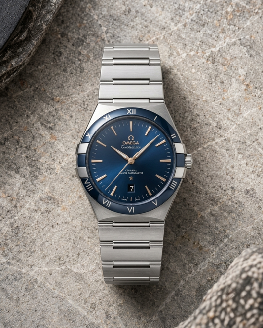 Omegha Constellation 41 mm Meteorite Watch silver blue design