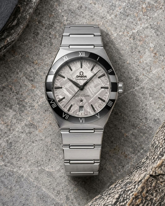 Omegha Constellation 41 mm Meteorite Watch silver white design