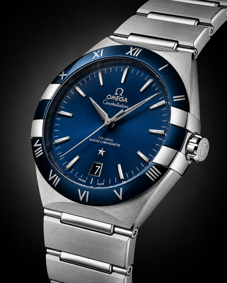 Omegha Constellation 41 mm Meteorite Watch silver blue design