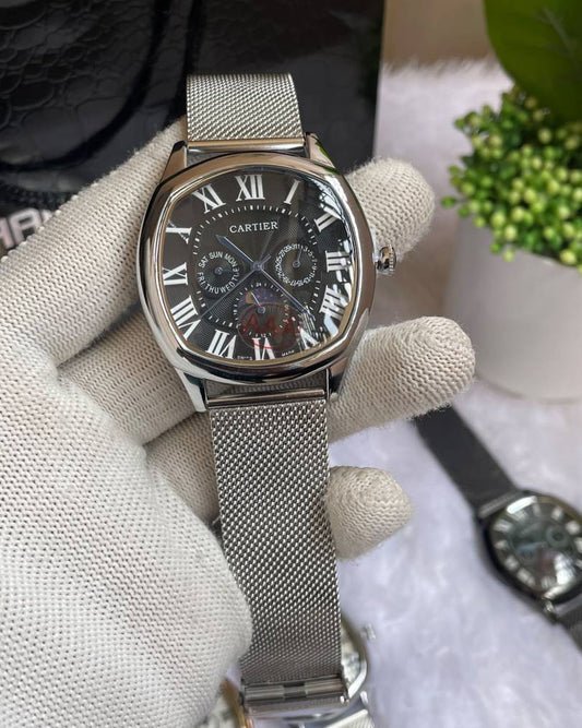 Cartiar Sun Moon Silver Black Dial Mesh Strap AT441
